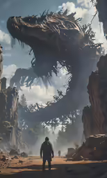 a man looking at an alien like creature on a desert