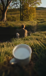 a person sitting in the middle of a field with a cup