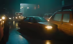 the cars are driving on a busy street at night
