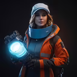 a woman holding a glowing flashlight up in the air