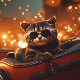 a small cat with sunglasses and sitting on top of a suitcase