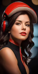 woman in red and black outfit wearing headphones