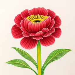 a picture of a flower with a yellow center,an art print with a flower drawn on paper,a drawing of a flower on a white background,a red flower with green stems and stem,an illustration of a pink flower that appears to be from the collection