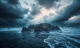 a body of water near a rocky area under cloudy skies