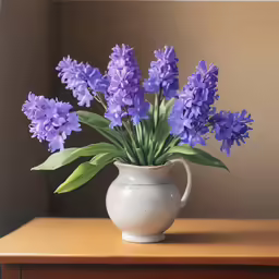 purple flowers in a white vase on a table