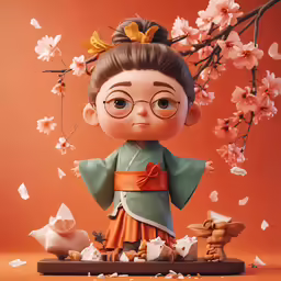 a girl in an orange and green outfit standing next to flowers