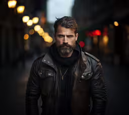 a man in a leather jacket stands on a street,a man with long hair and a beard standing in a street at night