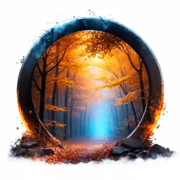 a painting of an outside view with trees and a large blue circle