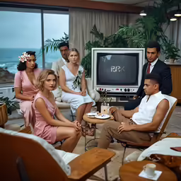 people are gathered around a table while looking at the tv