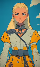 a girl dressed up in yellow and white with an orange dress