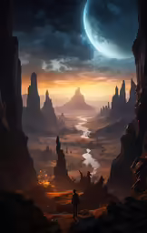 a man is looking out into the distance from an alien landscape