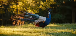girl jumping into the air on grass with tree in background