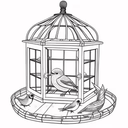 birds in a cage looking at one another,three birds inside a cage that is on a table