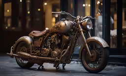 an old motorcycle that is standing on a road