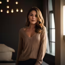 a woman standing in front of a window with her hand on her hips