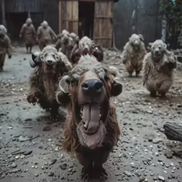 an image of a dog with its mouth open in front of a crowd of sheep
