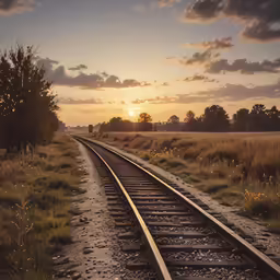 a railway tracks going into the sunset in a rural area