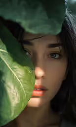 an arty looking female posing next to a leaf