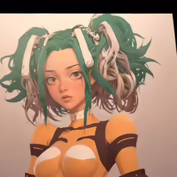 this drawing has many green and white hair