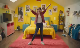 the young woman is raising her arms up