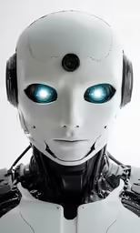 an humanoid robot with blue eyes and headphones is standing