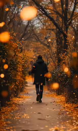 a man is walking through a path near trees with yellow leaves