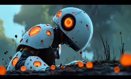 a robot is staring at something, while the lights are out