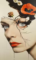 an artistic illustration of the face of a woman with flowers on her hair
