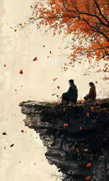 two people sit on a cliff under the autumn leaves