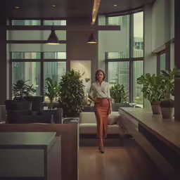 an attractive woman in an office setting standing by the desk