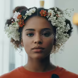 a girl wearing orange is seen wearing flower crowns