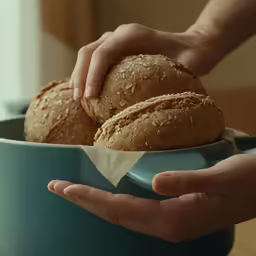 hands grabbing bread off a turquoise bowl with a paper towel on the side