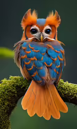 a colorful owl is perched on top of a tree branch