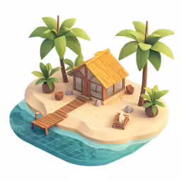 an island with a hut, chairs and trees