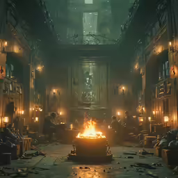 an industrial warehouse, with many people around