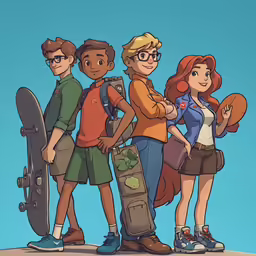 four people stand next to each other with their backpacks