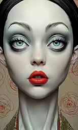 a painting of a woman with blue eyes and black hair