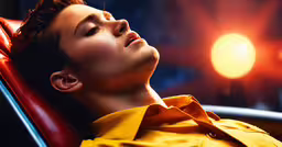 a person laying in a chair with the sun out,a person in a chair and their eyes open