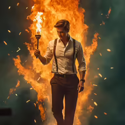 the man is wearing suspenders and is holding a candle