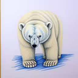 a painting of a white bear standing in blue water