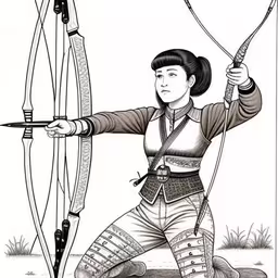 the drawing shows a woman in traditional armor aiming at arrows,a girl aiming an arrow with an arrow and bow