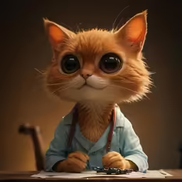 a cat in overalls and glasses is standing by a piece of furniture