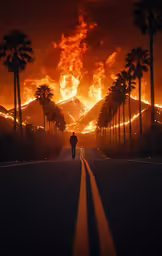 the lone man is standing in the middle of a road