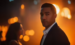 the man in the suit looks into the distance