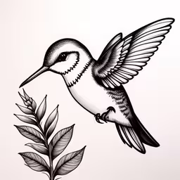 a drawing of a bird that is flying over a plant,drawing of hummingbird in flight with small branch