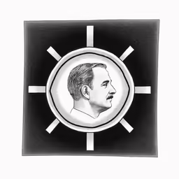 a black and white image of a man with an ornament