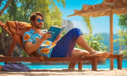 the man in sunglasses reads a book while sitting on a beach,the man sits on a bench reading the book