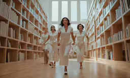 a group of women walking down a wooden floor