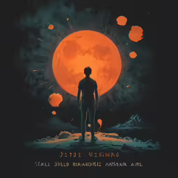 an illustrated picture shows the person standing in front of the full moon