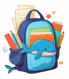 a cartoon whale is in a bookbag with school supplies and pencils